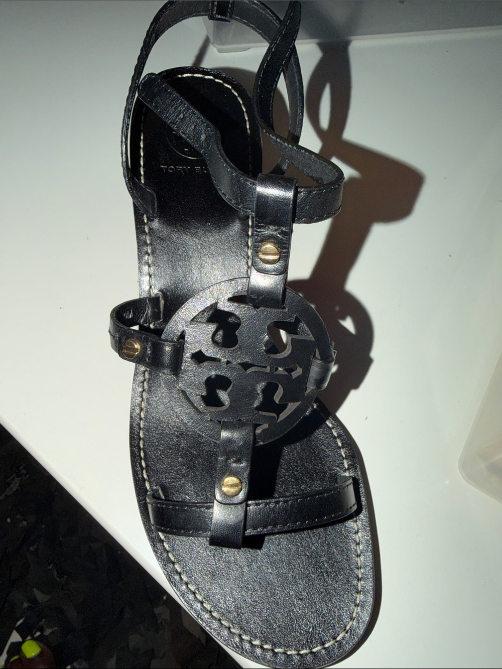 Tory Burch Black Leather Logo Circle Toe-Ring Sandal